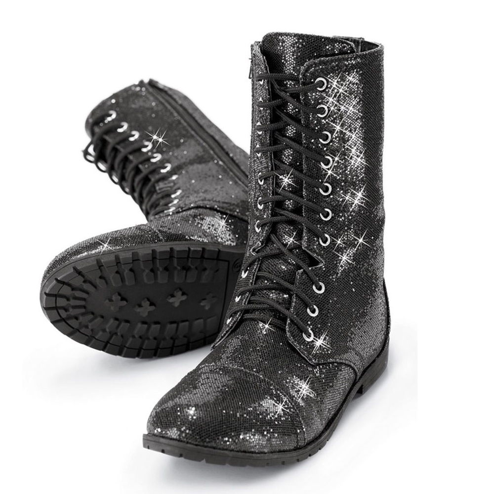 Balera Glitter Combat Boot in Black. Sz 5.